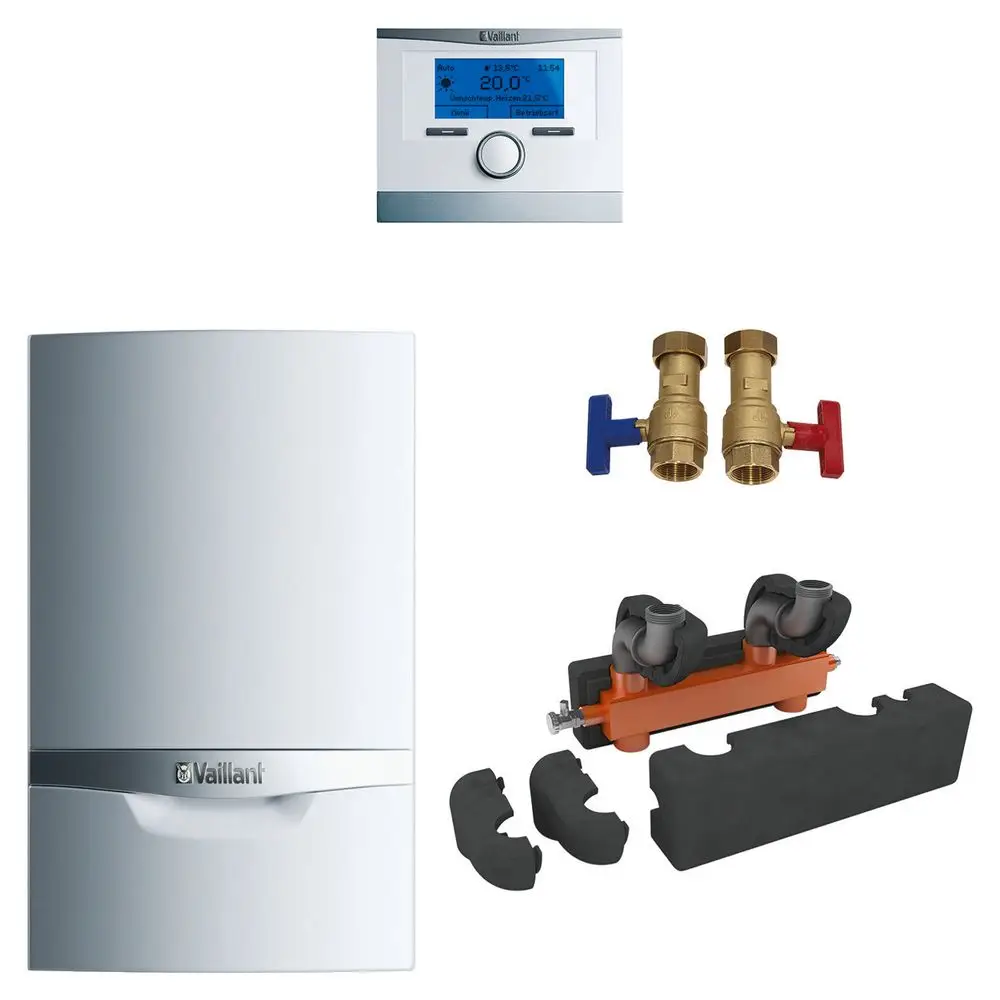 Vaillant Heizungssystem mit digitaler Steuerung, zwei Ventilen in verschiedenen Farben, einem Verbindungsstück und isolierenden Komponenten für die Installation.